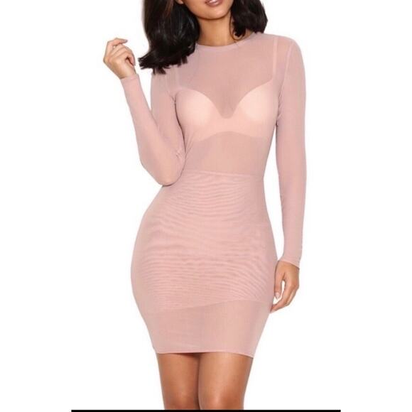 House of CB Light Pink Sheer Long Sleeve Bodycon Side Zip High Neck Dress XS - Picture 1 of 16